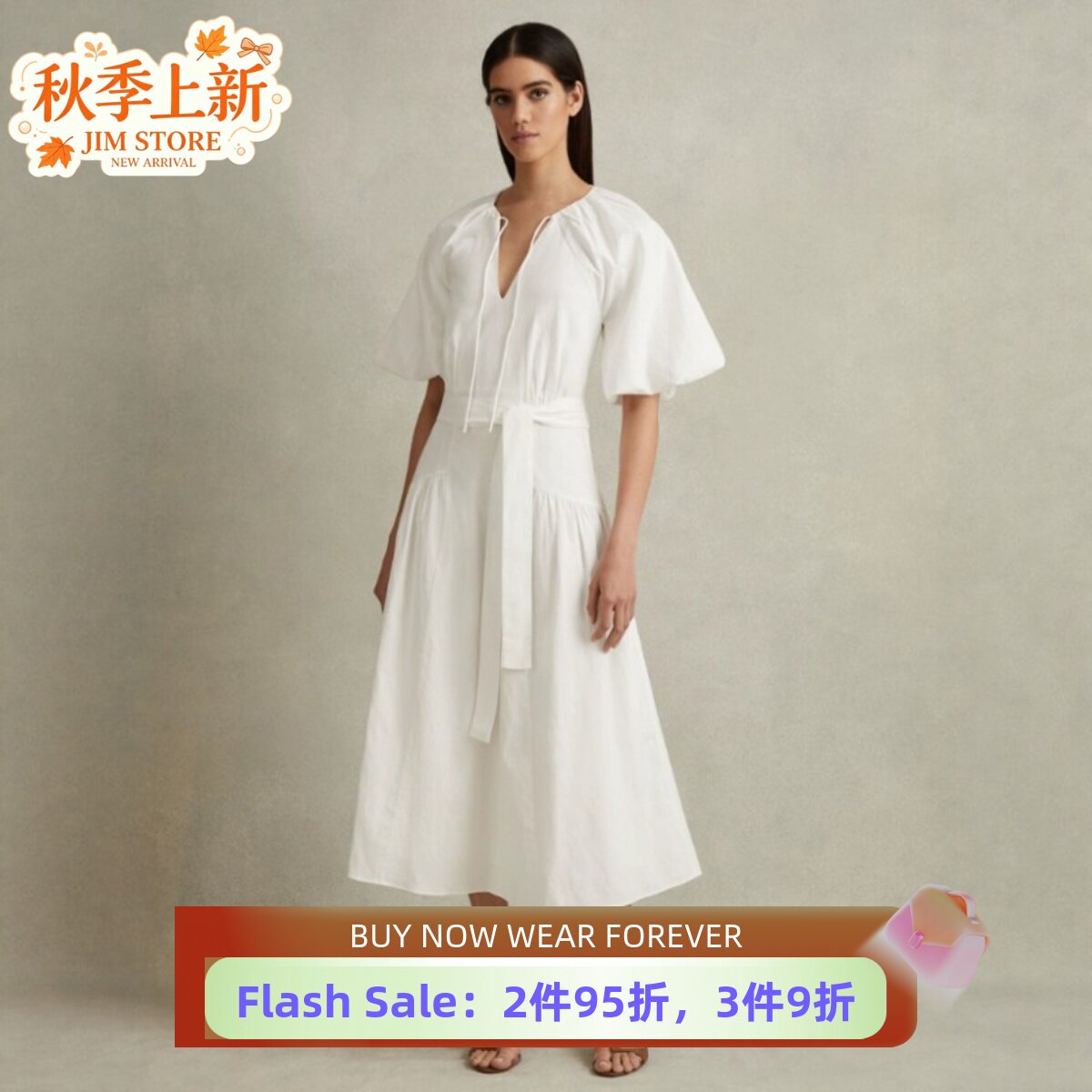 REISS短袖连衣裙度假裙白色中长A字系带飘带露背棉麻简约优雅大气