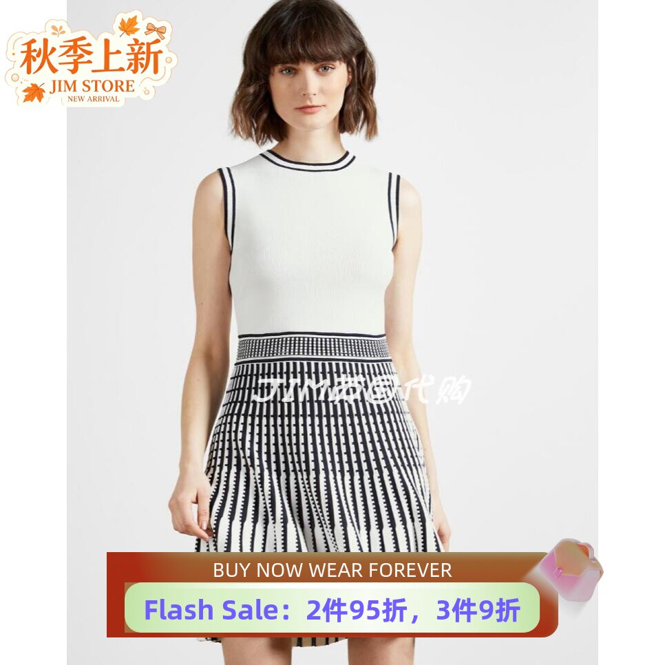 TED BAKER针织连衣裙夏季无袖A字条纹修身白色清新淑女优雅百搭