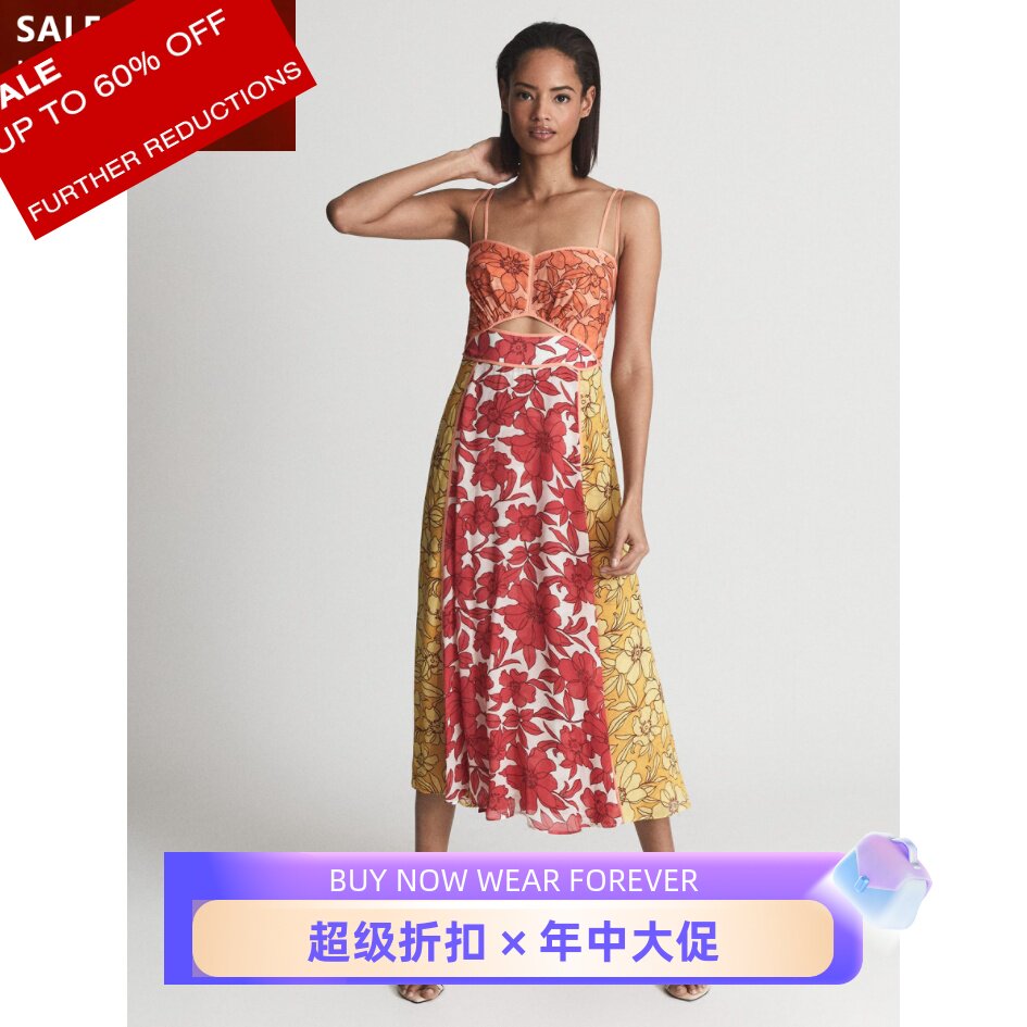 REISS吊带连衣裙度假裙粉色印花