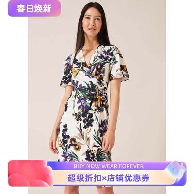 Phase Eight短袖连衣裙一步裙白底碎花印花V领清新百搭淑女褶皱