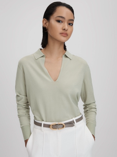REISS浅绿色针织上衣衬衫领V领纯色通勤OL百搭气质干练