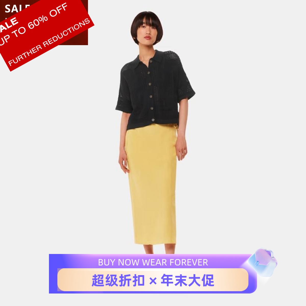 WHISTLES黑色短袖针织钩织衬衫衬衣纯色孔洞通勤气质百搭棉质