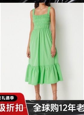 WHISTLES绿色吊带连衣裙A字纯色方领褶皱松紧胸围高腰修身淑女