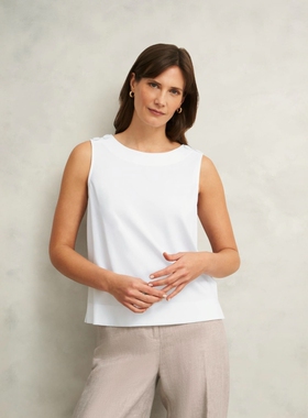 HOBBS白色棉质T恤上衣纯色无袖直筒纽扣装饰简约日常通勤百搭清新