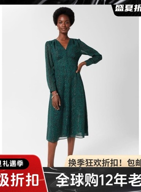 HOBBS长袖连衣裙绿色豹纹中长A字高腰气质英伦风金属纤维修身显瘦