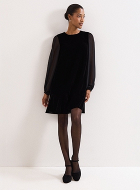 Phase Eight黑色长袖丝绒连衣裙一步裙短款纯色简约气质显瘦百搭