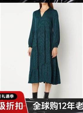 WHISTLES长袖连衣裙经典中长款衬衫裙V领拼接宽松英伦百搭显瘦