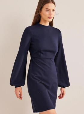 Phase Eight长袖连衣裙一步裙藏蓝色灯篓袖纯色通勤OL修身显瘦百