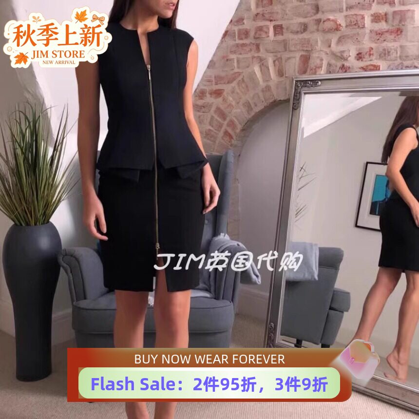 TED BAKER短袖连衣裙正装裙包臀裙前拉链黑色修身气质通勤OL英伦