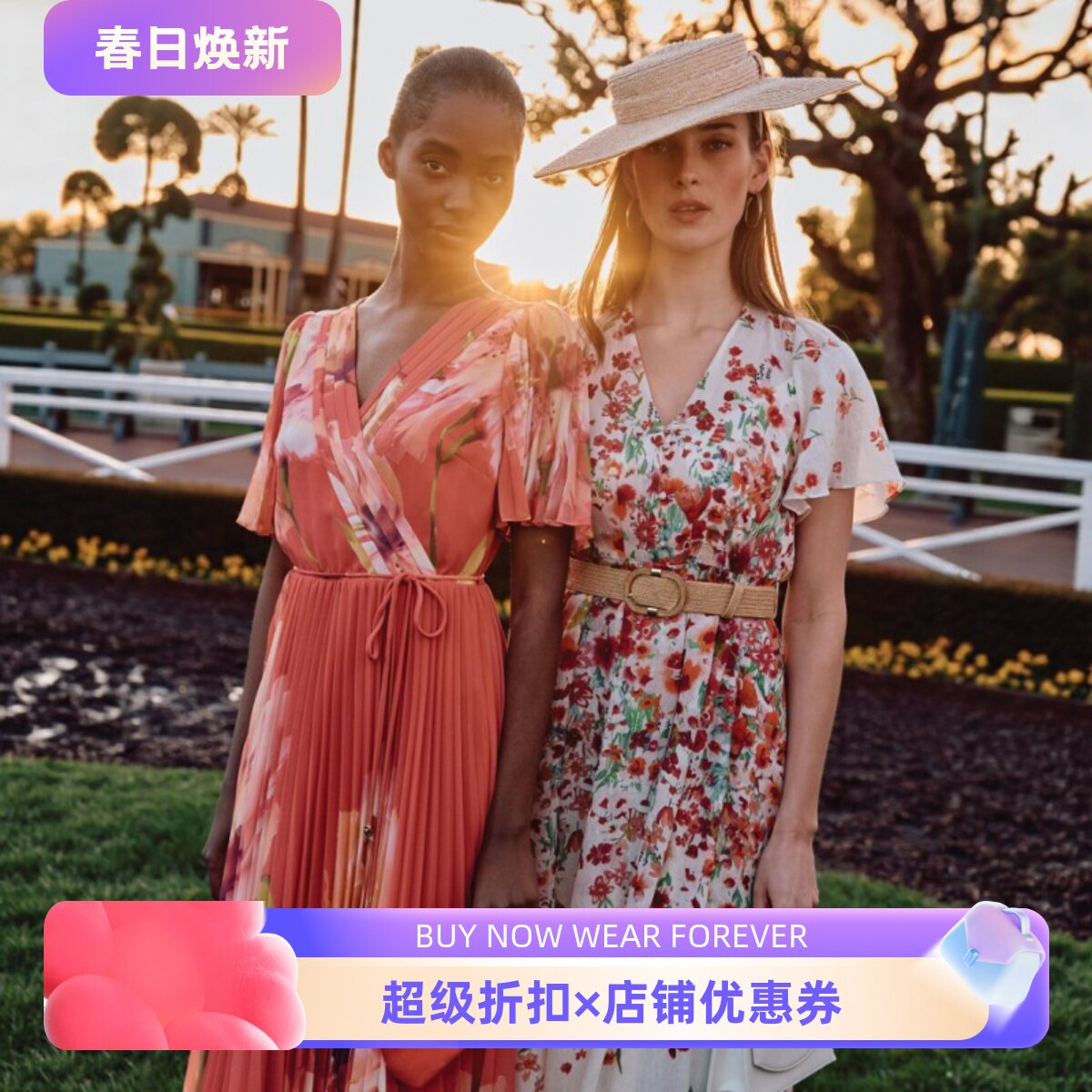 Phase Eight短袖连衣裙度假裙中长红色碎花印花V领配腰带优雅飘逸