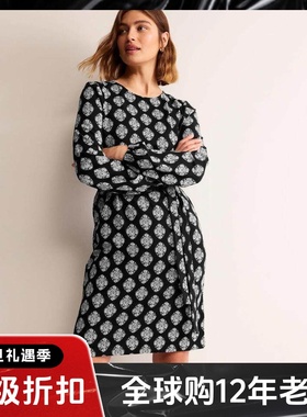 UNI CLOSET长袖连衣裙黑色英伦波点印花直筒系带简约英伦通勤百搭