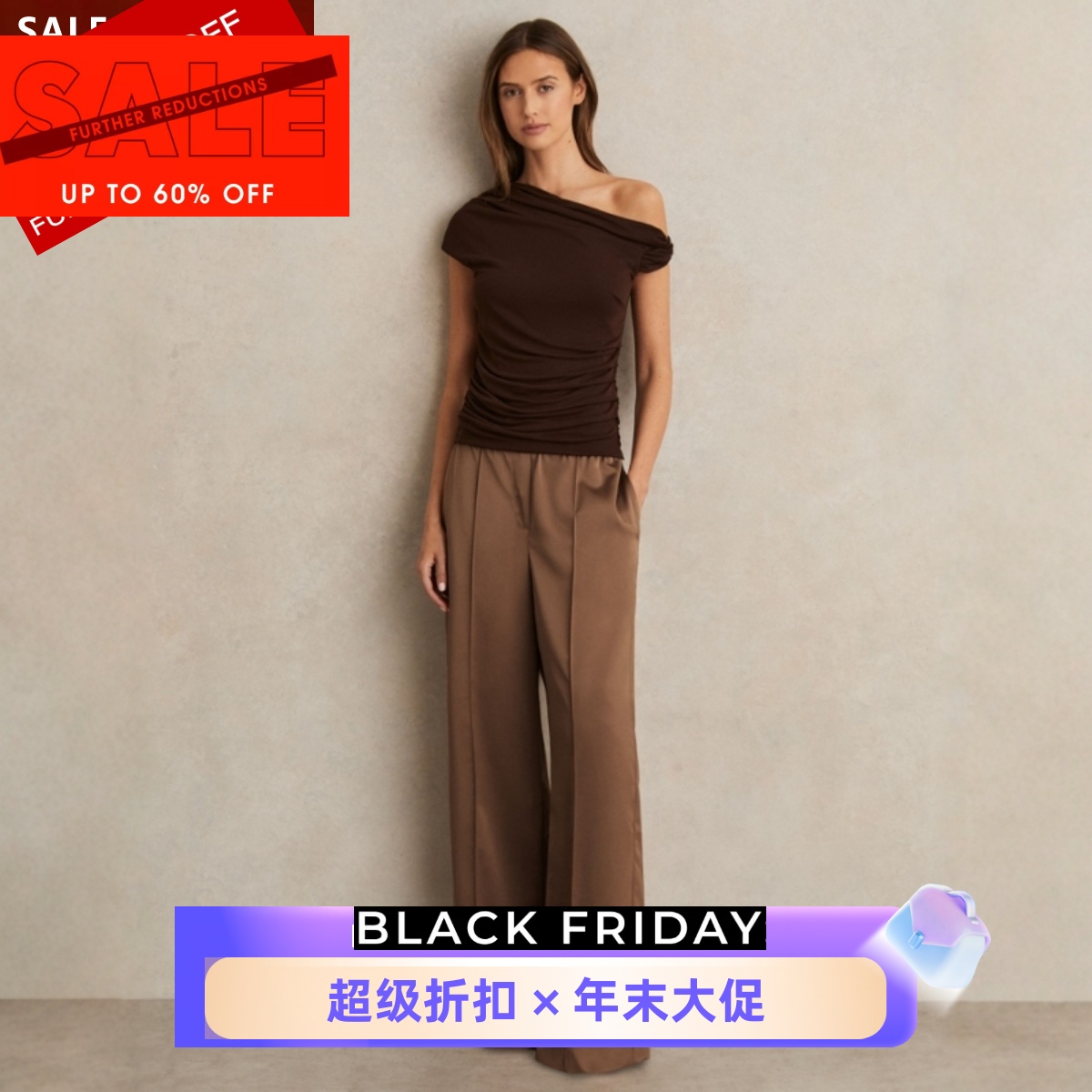 REISS女裤长裤缎面灰褐色直筒阔腿纯色松紧腰光泽质感通勤OL风