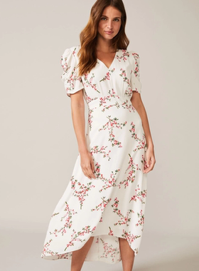 Phase Eight短袖碎花连衣裙中长斜摆象牙白清新淑女修身气质英伦