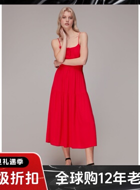 WHISTLES吊带连衣裙红色中长高腰修身褶皱系带优雅淑女度假休闲
