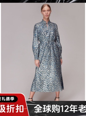 WHISTLES长袖连衣裙礼服裙真丝混纺浅蓝色碎花中长款系带靓丽气质