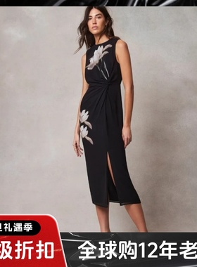 UNI CLOSET黑色连衣裙旗袍款中长印花大花侧开衩褶皱扭结设计优雅