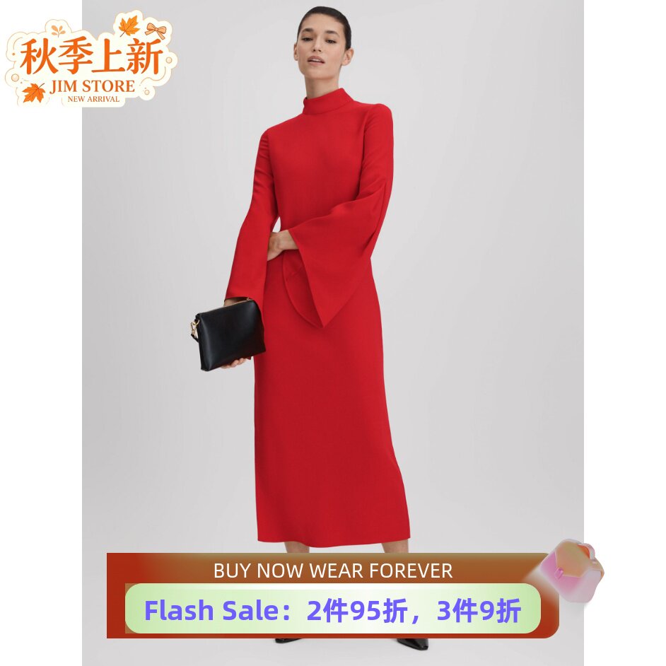 REISS红色连衣裙礼服裙中长裙纯色侧开衩喇叭袖半高领优雅大气