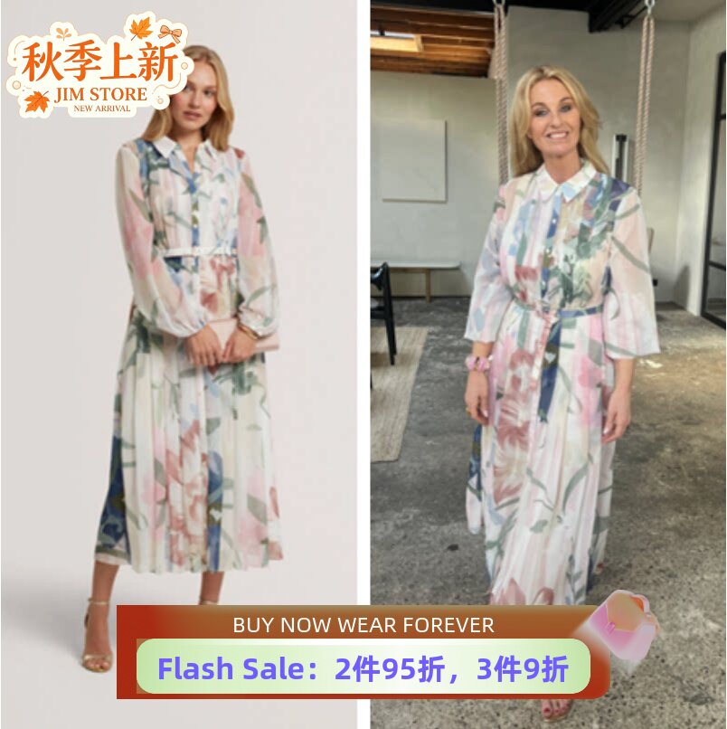 TED BAKER长袖连衣裙衬衫百褶裙印花配腰带中长款优雅飘逸