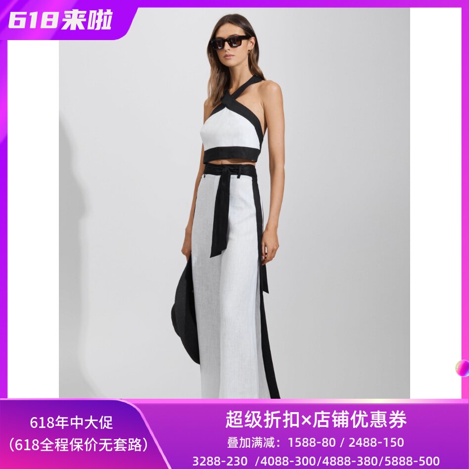 REISS白色女裤长裤休闲裤夏季亚麻系带侧条纹直筒简约休闲气质