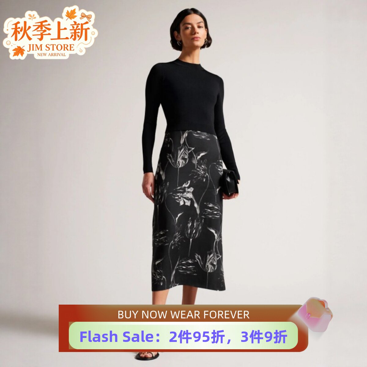 TED BAKER长袖连衣裙假两件中长侧开衩英伦印花修身显瘦日常通勤