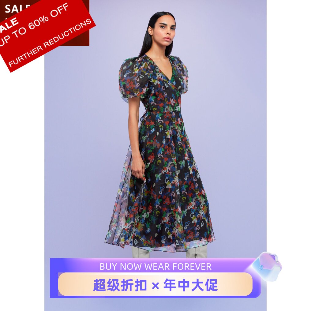WHISTLES短袖真丝连衣裙繁花印染