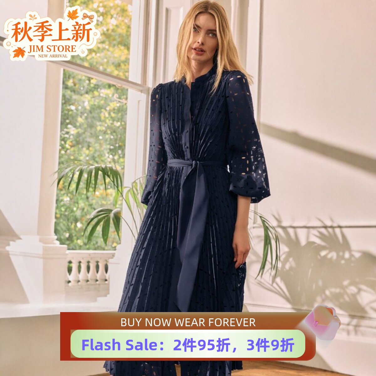 Phase Eight长袖连衣裙中长藏蓝色镂空百褶系带纯色优雅气质显瘦
