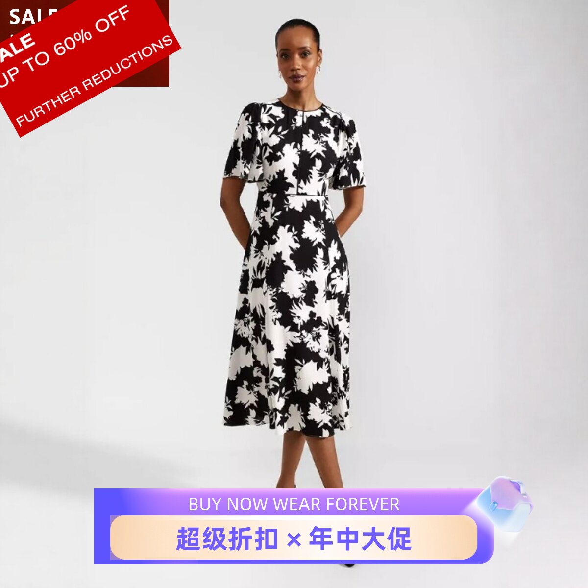 HOBBS短袖连衣裙查血清黑白叶子印花高腰修身气质英伦显瘦百搭