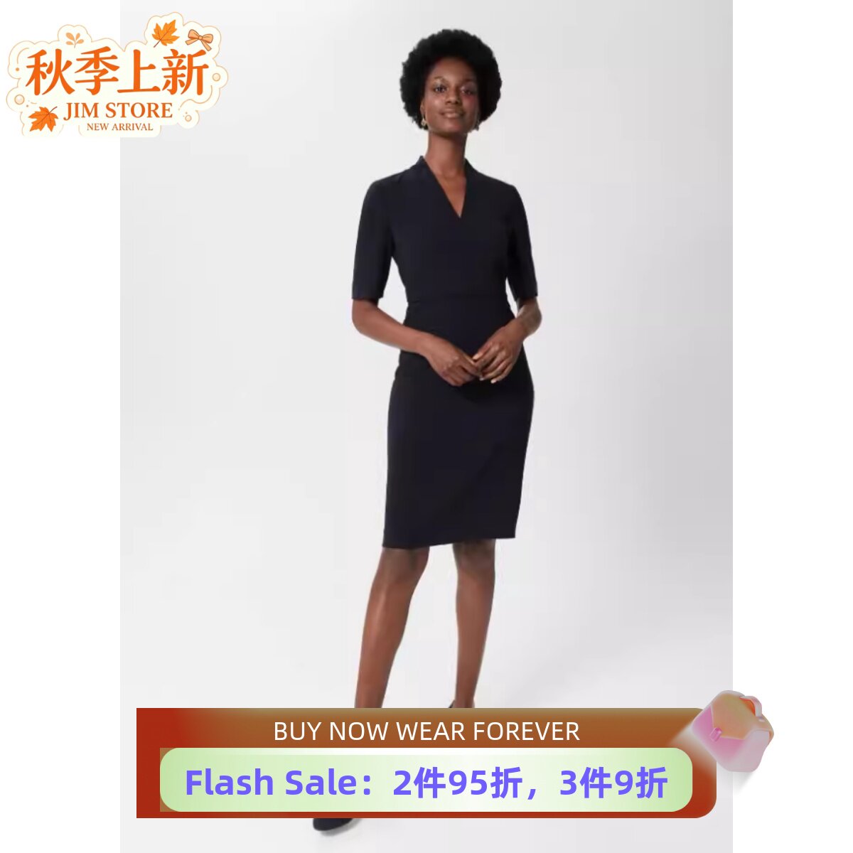 HOBBS短袖包臀正装裙连衣裙藏蓝V领中长优雅气质干练OL修身显瘦