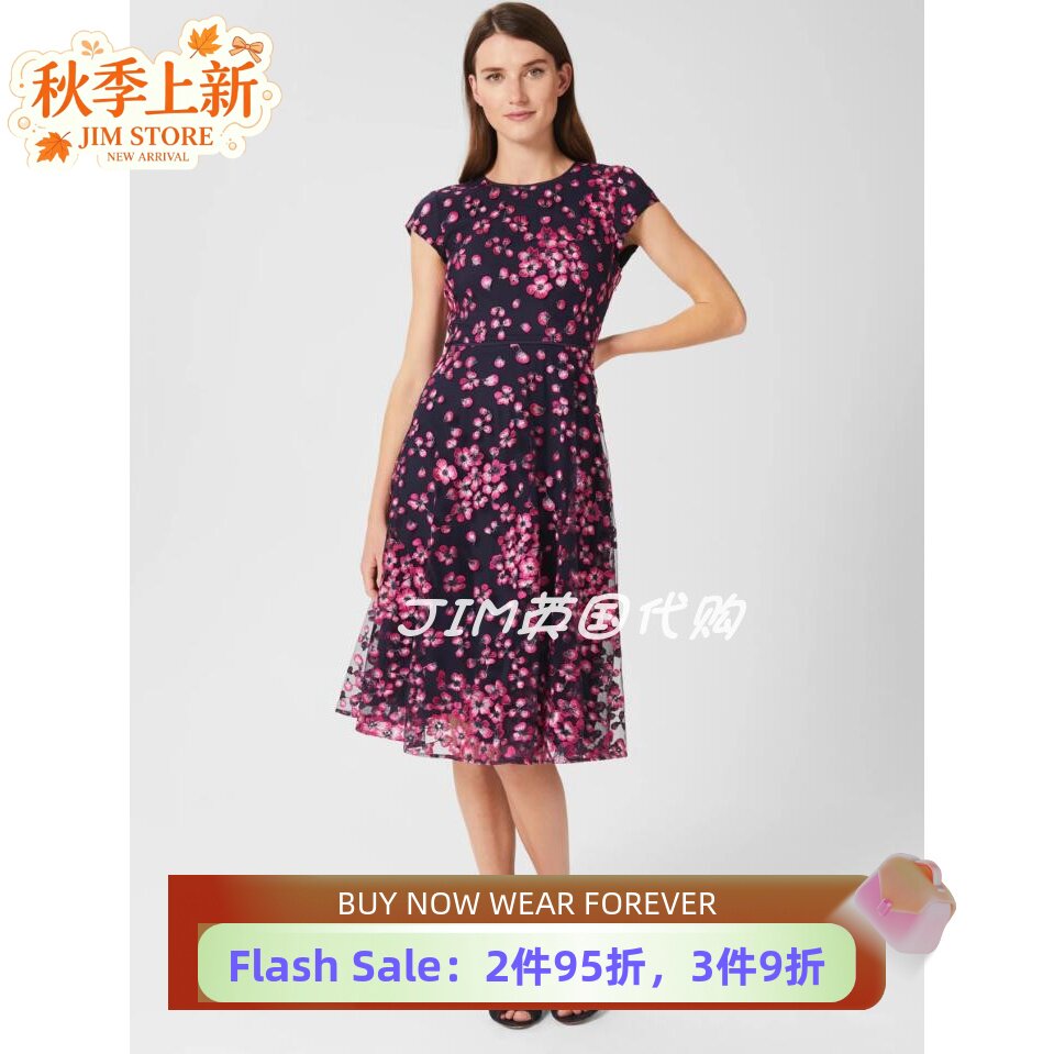 HOBBS藏蓝刺绣连衣裙中优雅百搭