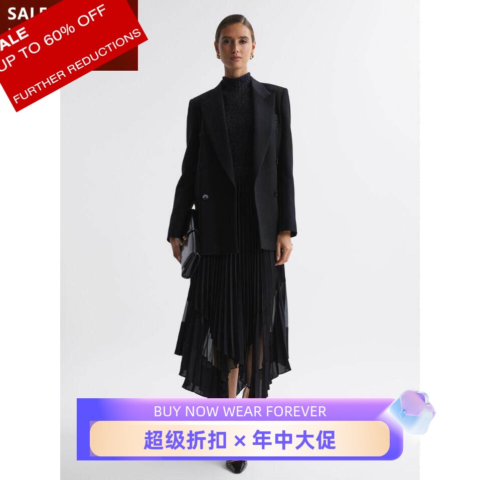 REISS百褶裙半身裙黑色中长不规则裙摆纱网拼接优雅气质通勤百搭
