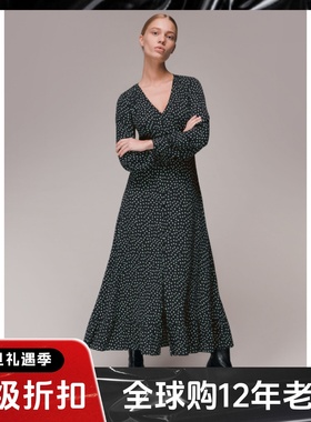 WHISTLES长袖黑色波点连衣裙中长款高腰V领飘逸大摆英伦显瘦气质