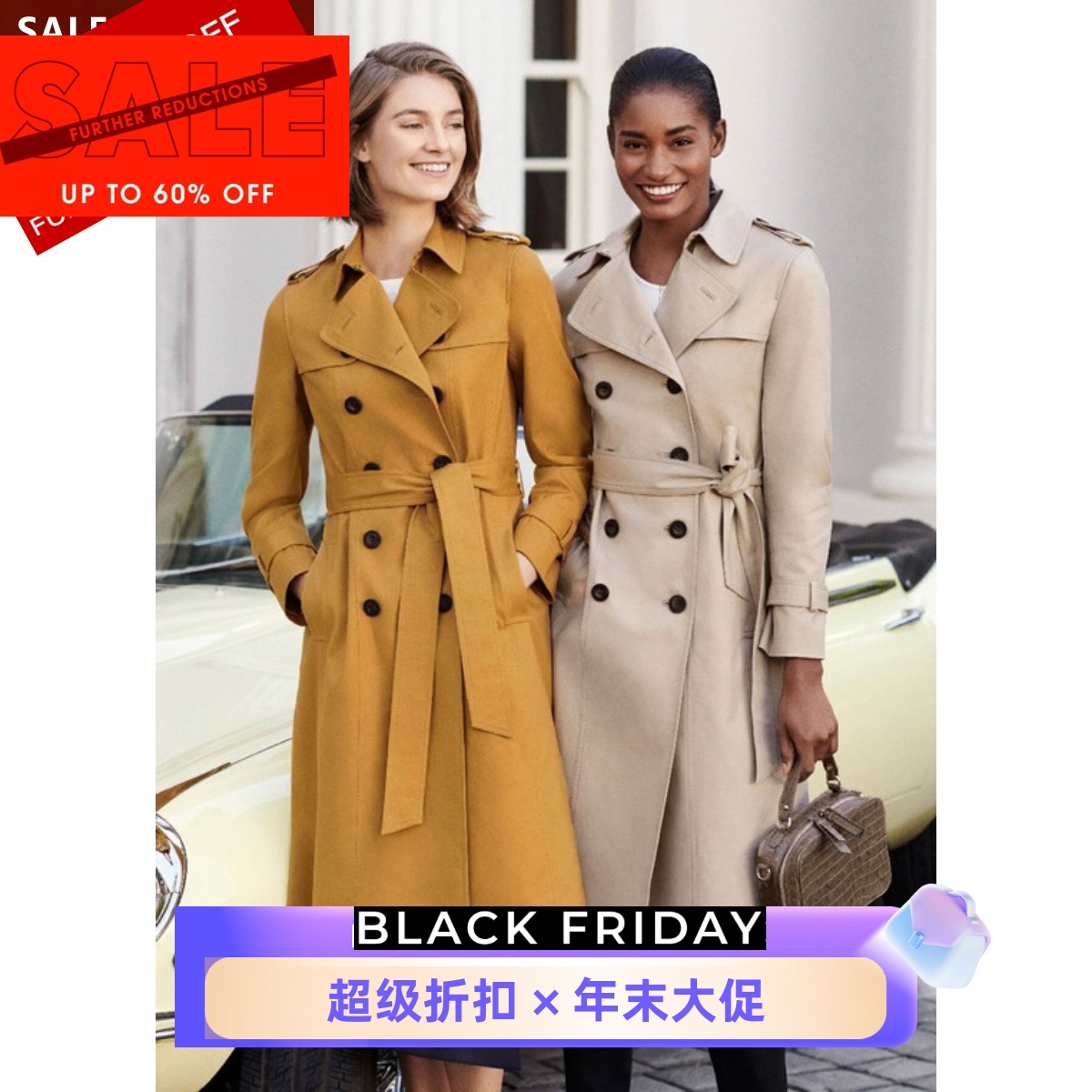 HOBBS双排扣中长款风衣系带英伦