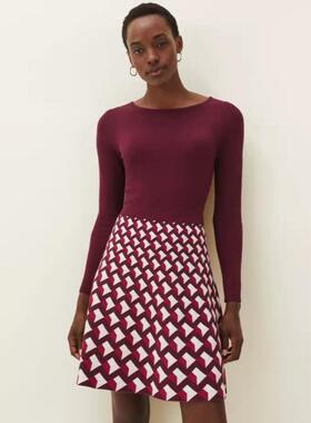 Phase Eight长袖针织连衣裙A字裙酒红各种假两件修身优雅淑女百搭