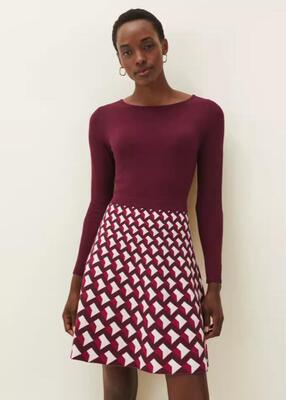 PhaseEight酒红针织裙格子拼接