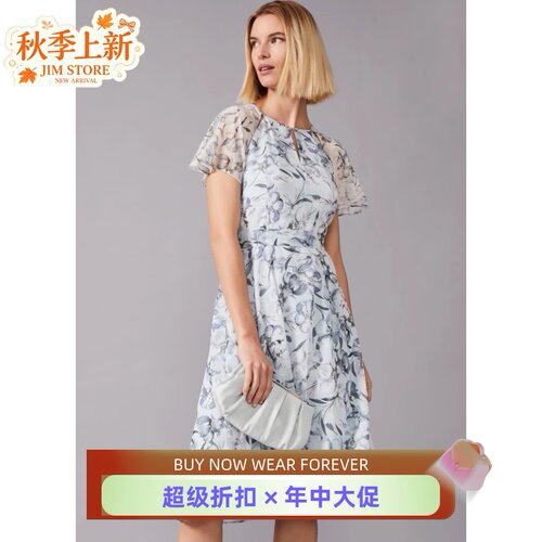 Phase Eight短袖雪纺连衣裙浅蓝碎花系带清新淑女飘逸百搭优雅