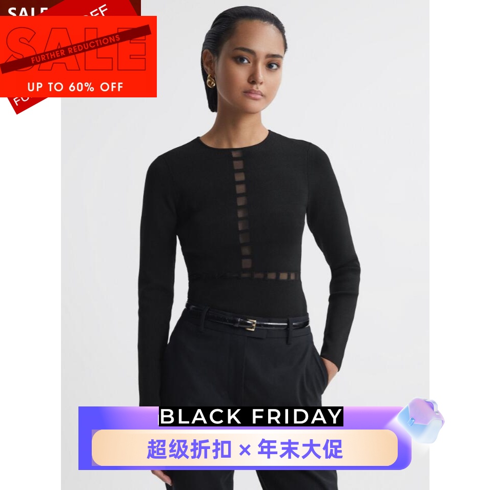 REISS黑色纱网拼接针织上衣通勤