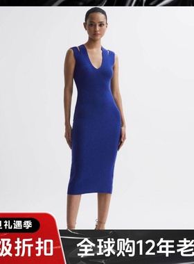 REISS紫色包臀针织连衣裙中长无袖V领高腰修身优雅气质通勤名媛