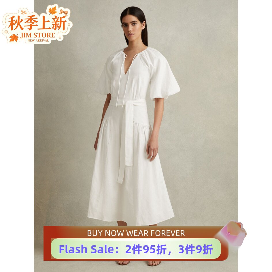 REISS短袖连衣裙度假裙白色中长A字系带飘带露背棉麻简约优雅大气