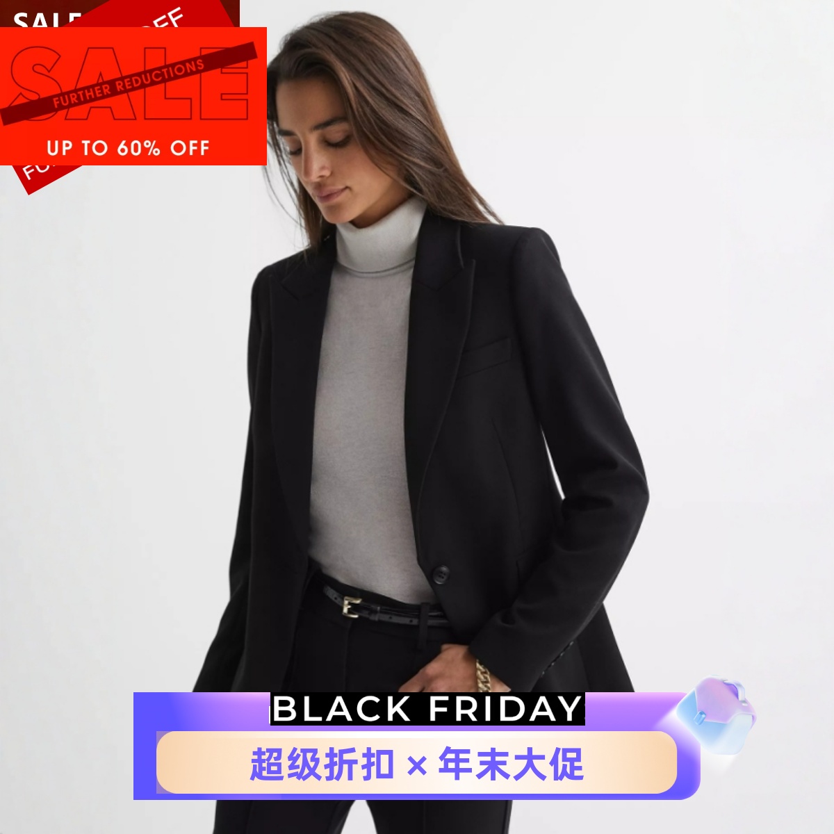 REISS黑色一粒扣西服西装套装外套修身气质英伦通勤干练OL风