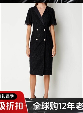 LK BENNETT黑色蕾丝连衣裙短袖中长双排扣高腰修身优雅通勤名媛