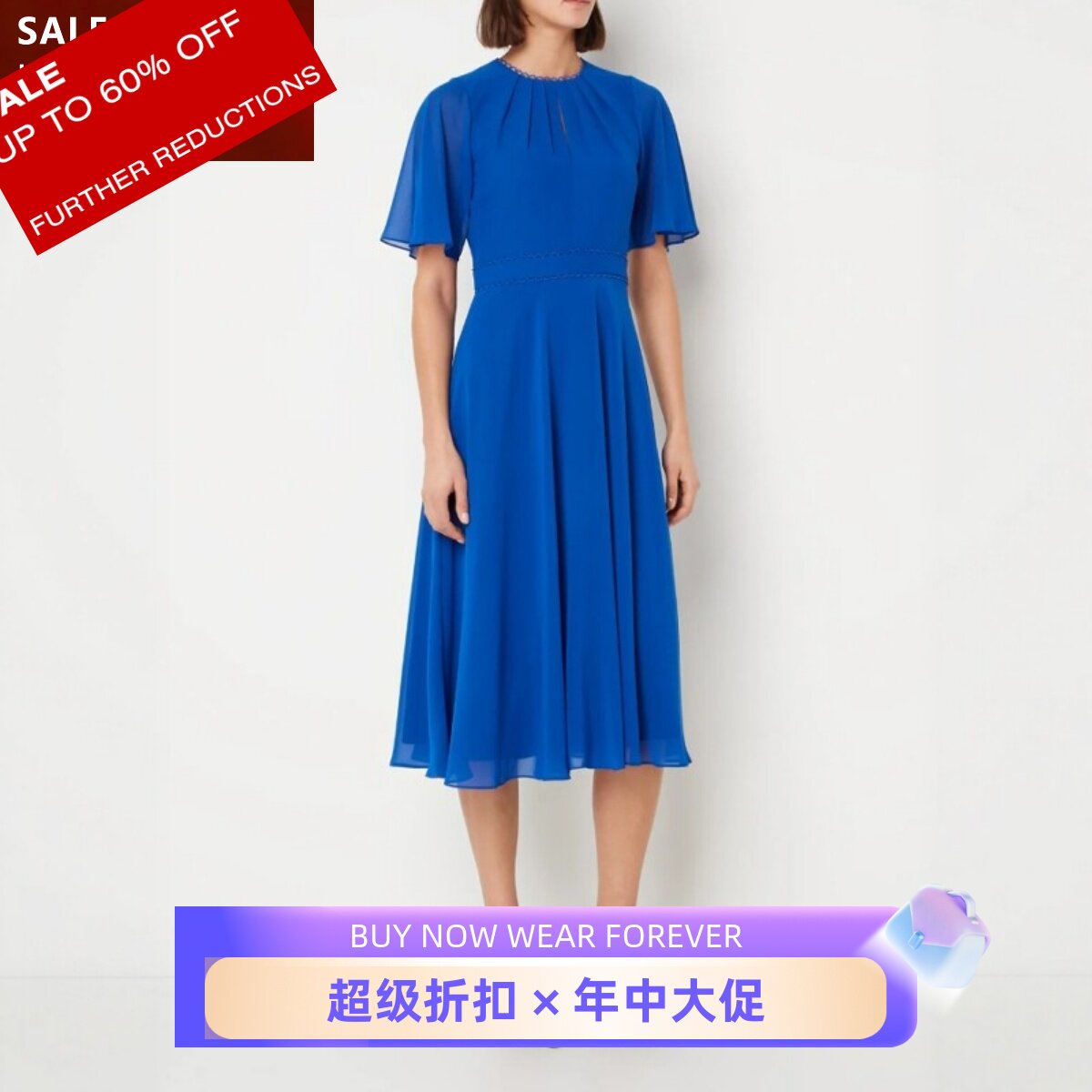 HOBBS短袖连衣裙蓝色中长雪纺裙高腰修身纯色优雅淑女英伦气质
