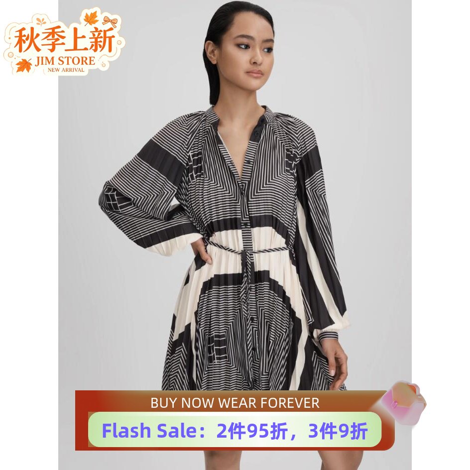 REISS长袖百褶连衣裙几何图案