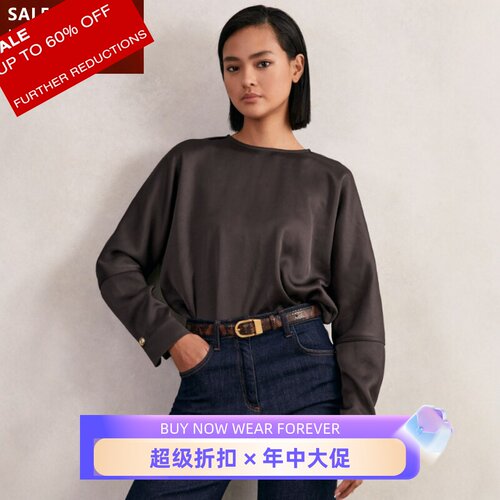 REISS紫黑色长袖缎面上衣衬衣后纽扣设计光泽垂感优雅通勤百搭
