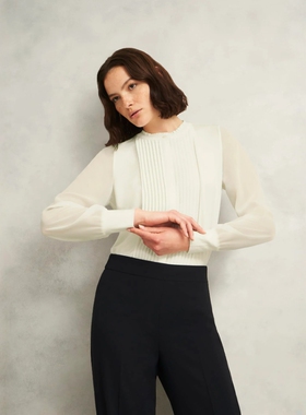 HOBBS白色长袖衬衫衬衣直筒对称风琴领纯色简约淑女通勤百搭休闲