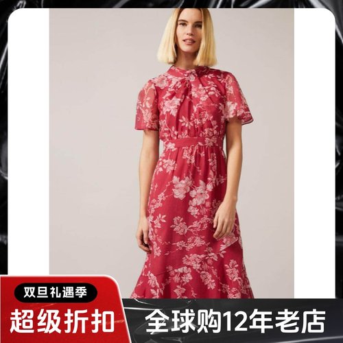 Phase Eight短袖连衣裙中长款红碎花一步裙修身复古英伦优雅百搭