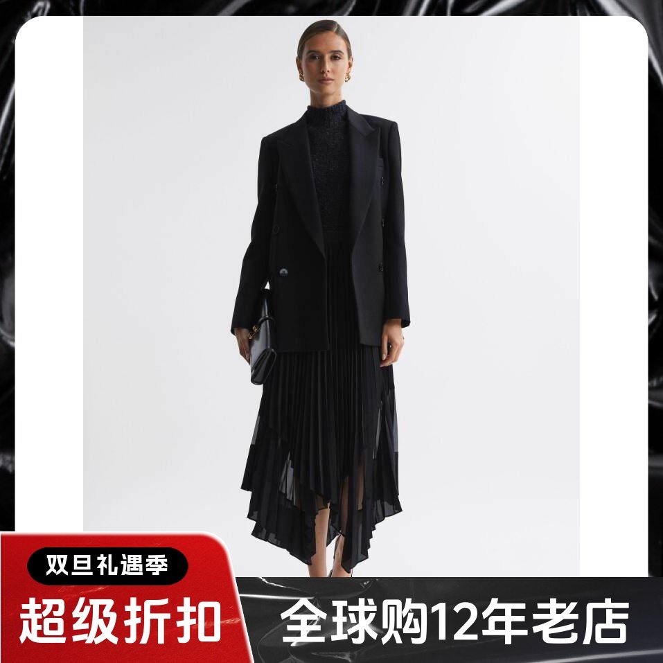 REISS百褶裙半身裙黑色中长不规则裙摆纱网拼接优雅气质通勤百搭