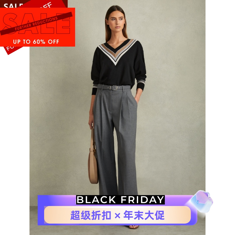 REISS羊毛毛衣针织衫黑色V领条纹装饰优雅大气日常通勤气质百搭