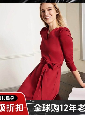 UNI CLOSET红色长袖连衣裙一步裙系带V领泡泡袖简约气质淑女优雅