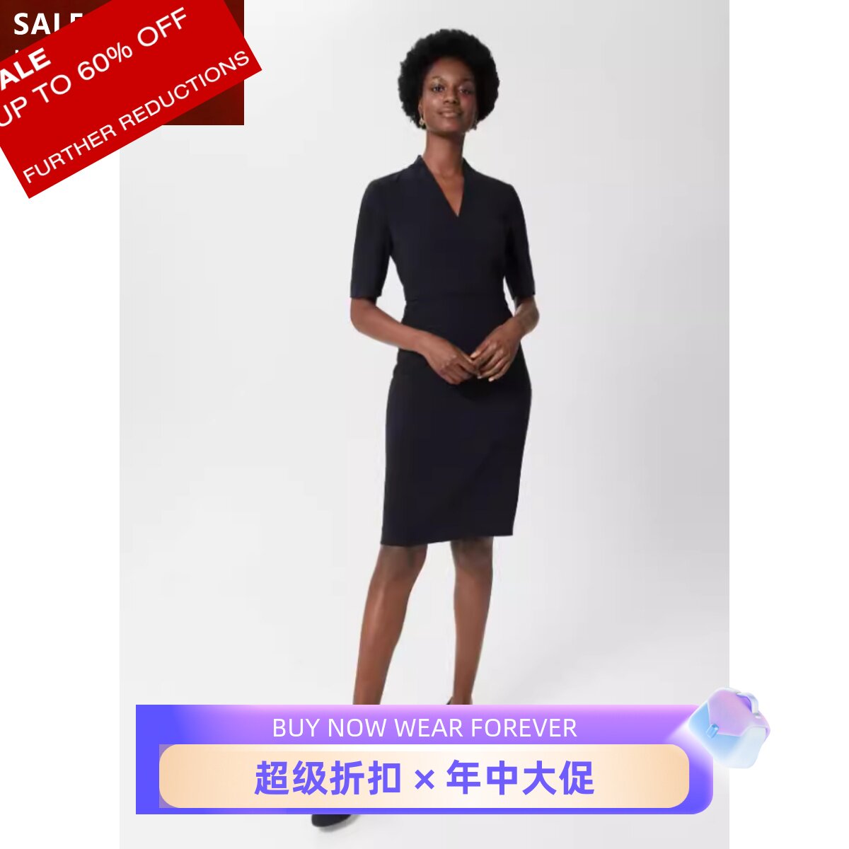 HOBBS短袖包臀正装裙连衣裙藏蓝V领中长优雅气质干练OL修身显瘦