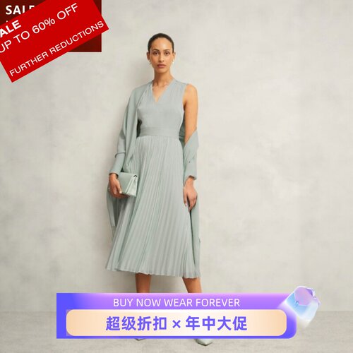 HOBBS连衣裙百褶裙背心裙浅绿色中长高腰修身缎面光泽优雅百搭